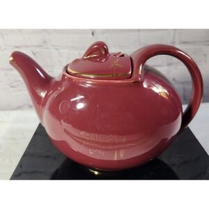 Vintage Hall Gold Leaf Design 6cup Teapot #0753 Maroon Burgundy Rare Hinged Lid